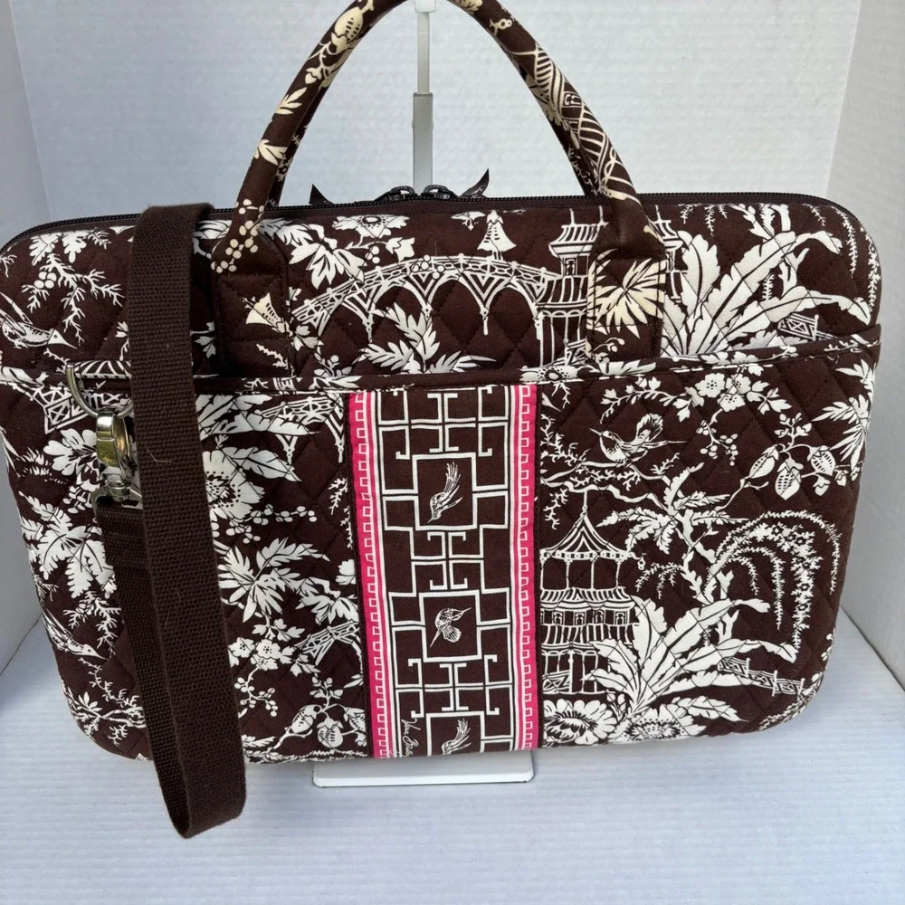 Vera Bradley Java Blue Quilted Laptop Messenger Bag Brown Floral Pagoda‎ Case